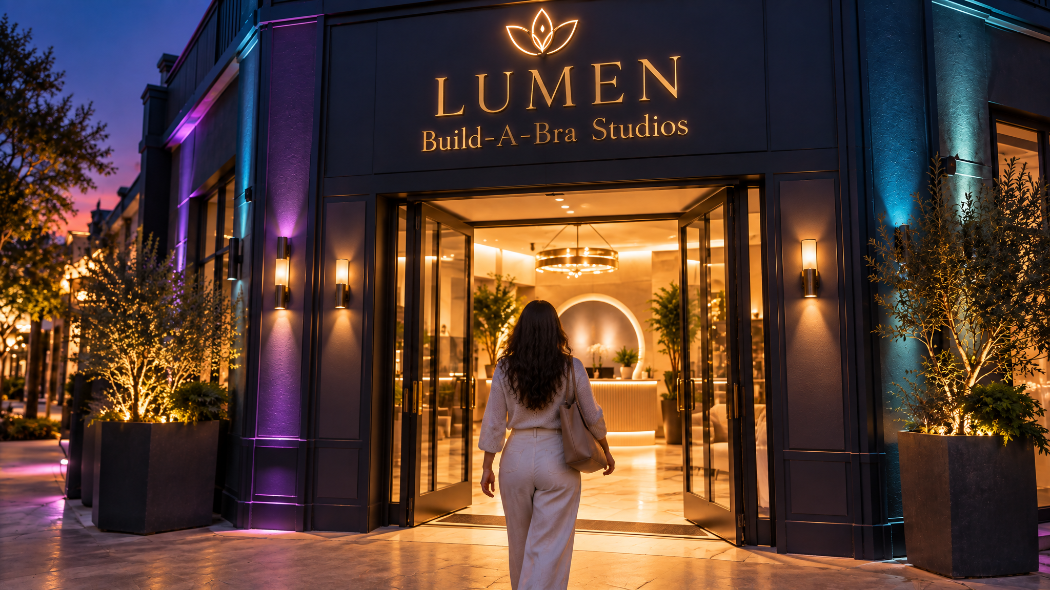 Conceptual visualization of the warmly lit, welcoming entrance to the planned LUMEN studio in Amarillo