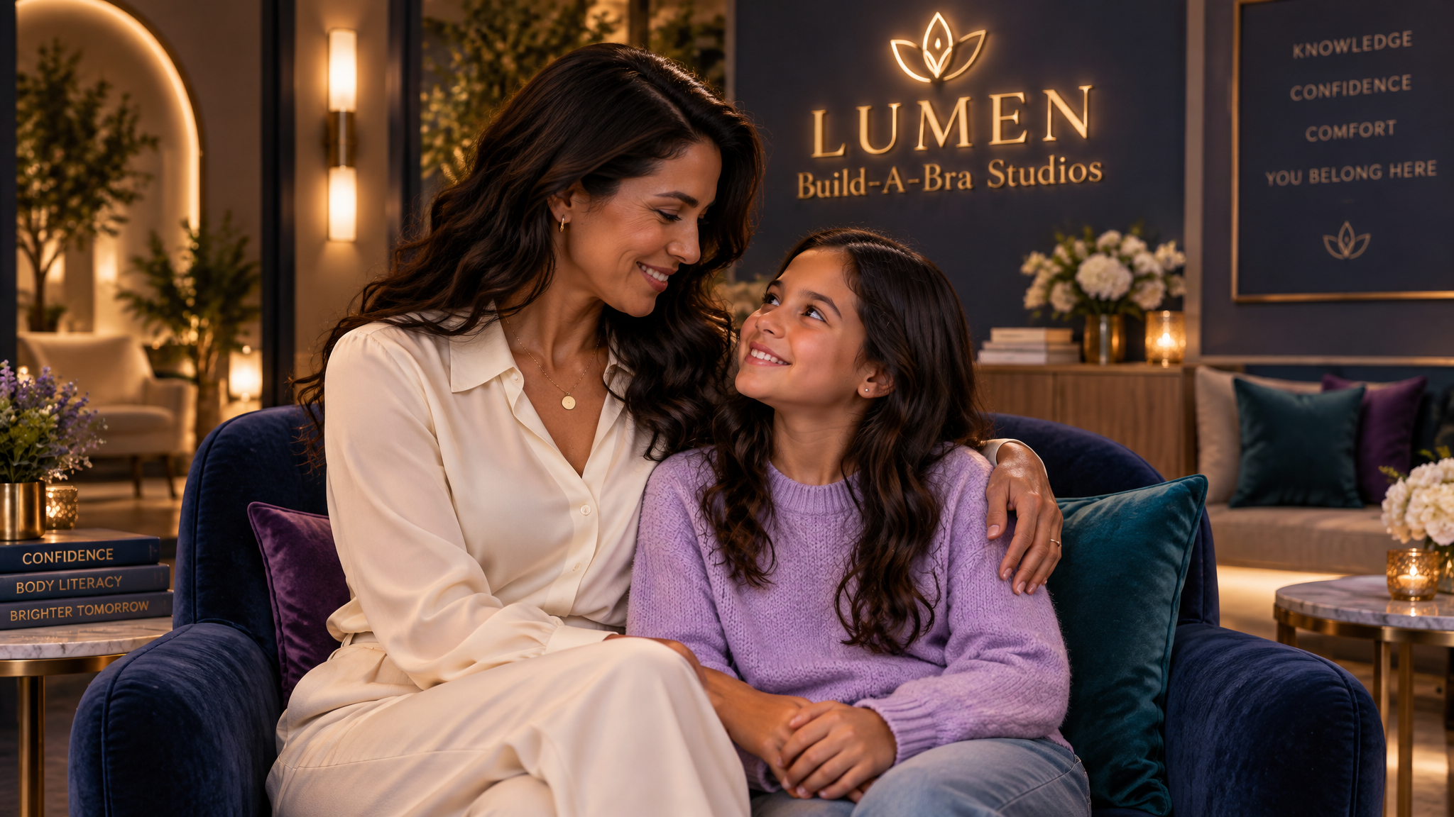 Illustrative depiction of a mother and daughter sharing a warm first bra fitting moment at LUMEN