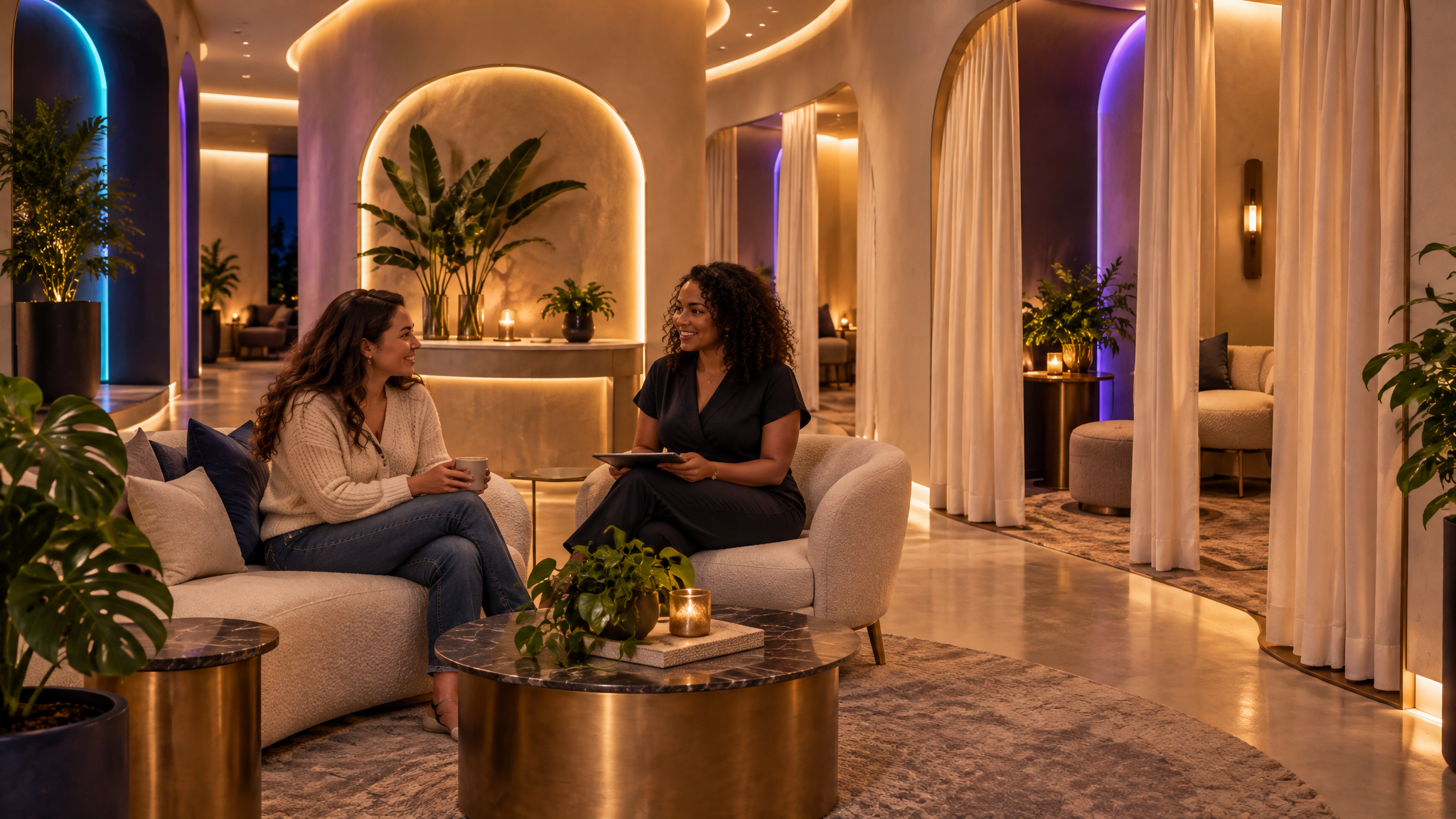 Conceptual visualization of a calm, private LUMEN bra fitting studio interior with warm light and violet and teal accents