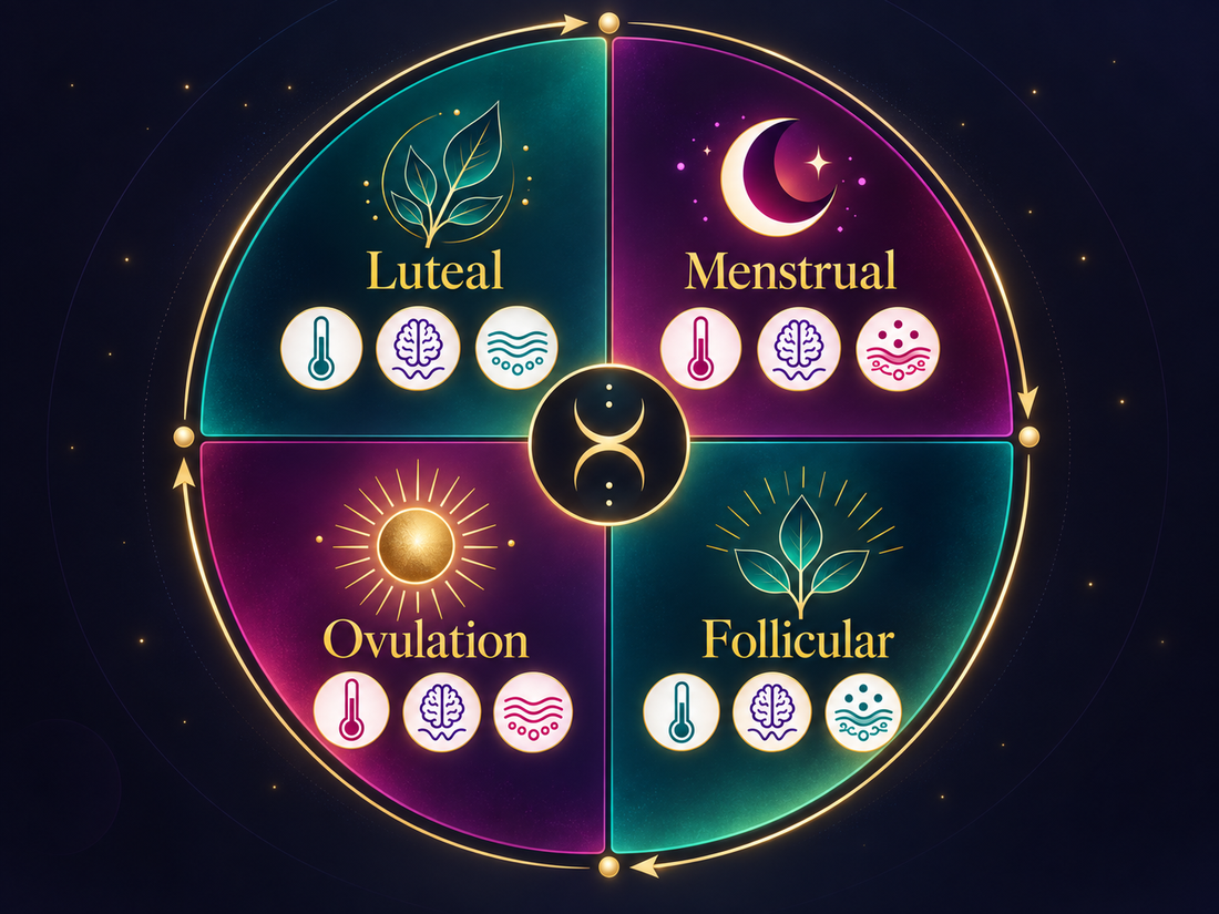 Four-phase menstrual cycle wheel showing the Menstrual, Follicular, Ovulation and Luteal phases with temperature, nervous-system and tissue indicators